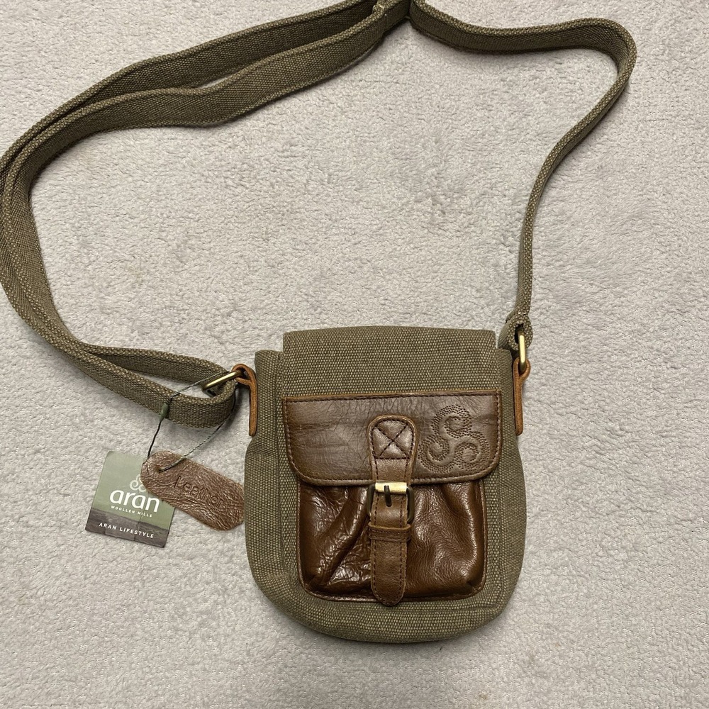 Aran Woolen Mills Bag Brown Leather Tweed Crossbody Small NEW‎